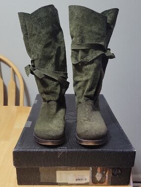 Olive Suede Mid-Calf Heeled Boots with Wrap Detail